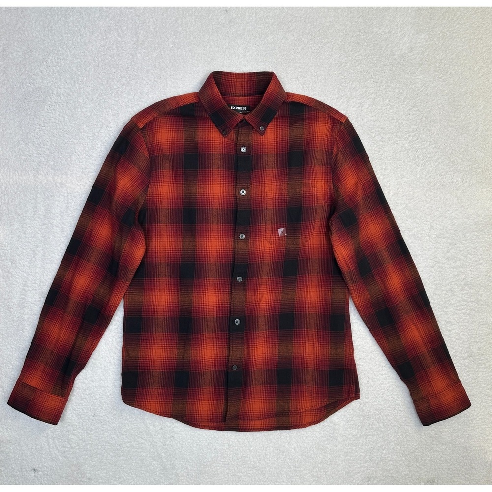 Express Men's ‎ Small  Flannel Button Down Shirt Orange Black Plaid